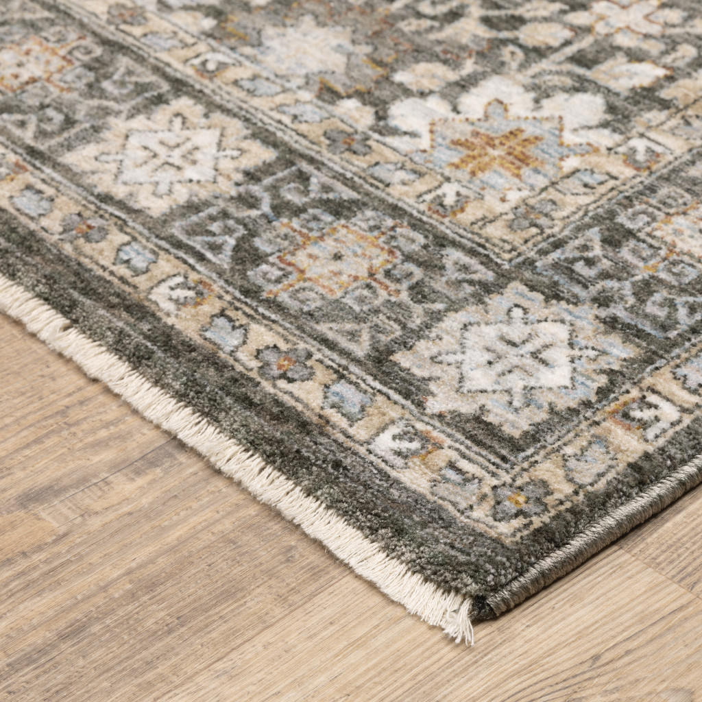 10" X 13" Grey And Ivory Oriental Power Loom Stain Resistant Area Rug With Fringe