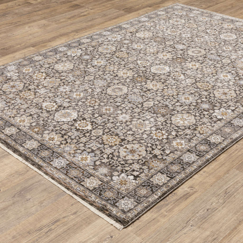 10" X 13" Grey And Ivory Oriental Power Loom Stain Resistant Area Rug With Fringe