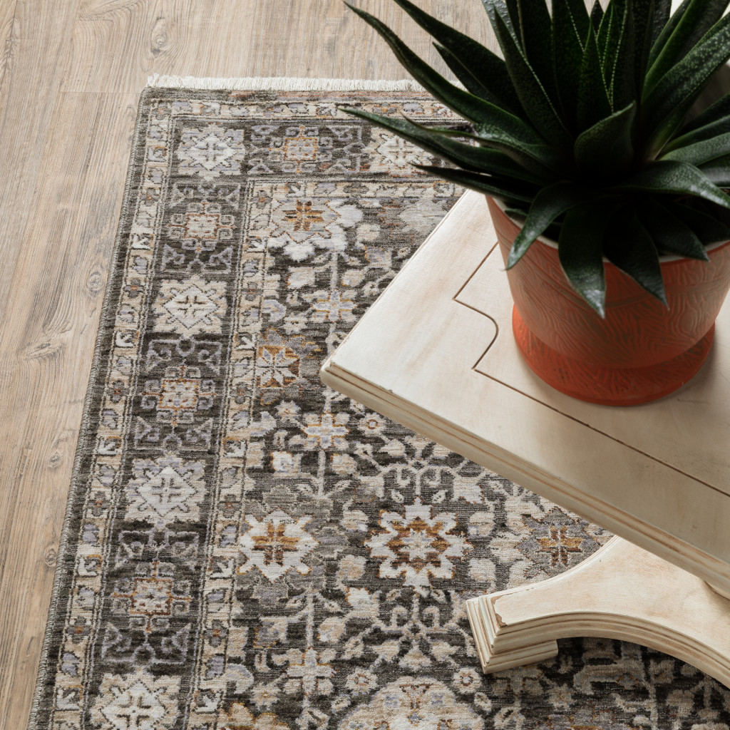 10" X 13" Grey And Ivory Oriental Power Loom Stain Resistant Area Rug With Fringe