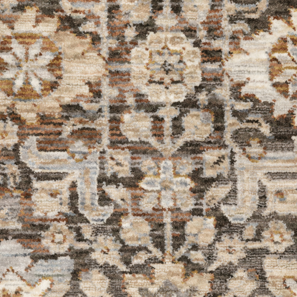 10" X 13" Grey And Ivory Oriental Power Loom Stain Resistant Area Rug With Fringe