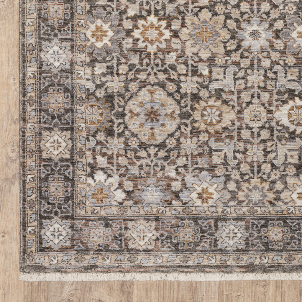 10" X 13" Grey And Ivory Oriental Power Loom Stain Resistant Area Rug With Fringe