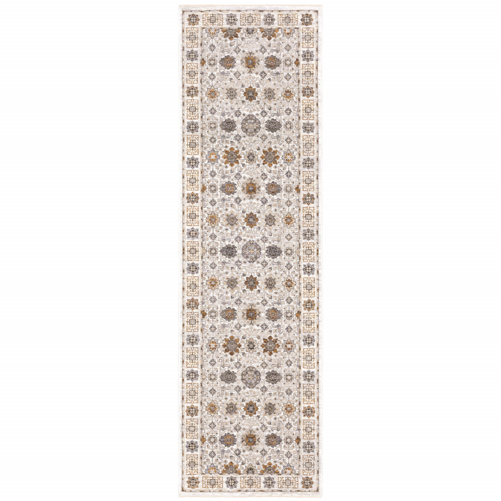 2" X 8" Ivory And Gold Oriental Power Loom Stain Resistant Runner Rug With Fringe