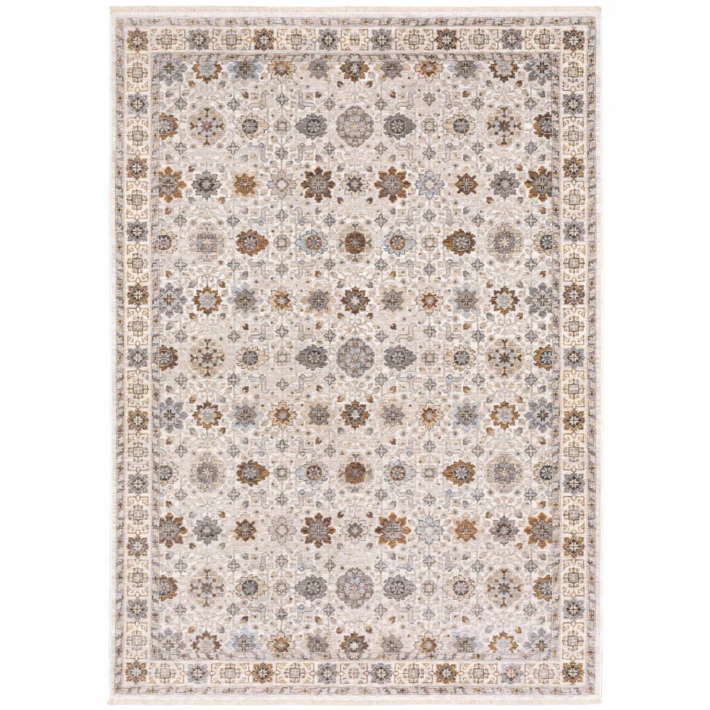 6" X 9" Ivory And Gold Oriental Power Loom Stain Resistant Area Rug With Fringe