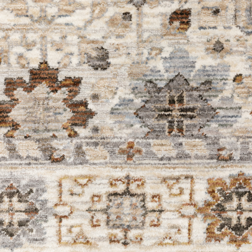 6" X 9" Ivory And Gold Oriental Power Loom Stain Resistant Area Rug With Fringe