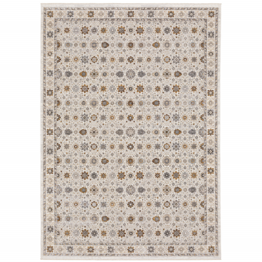 8" X 11" Ivory And Gold Oriental Power Loom Stain Resistant Area Rug With Fringe