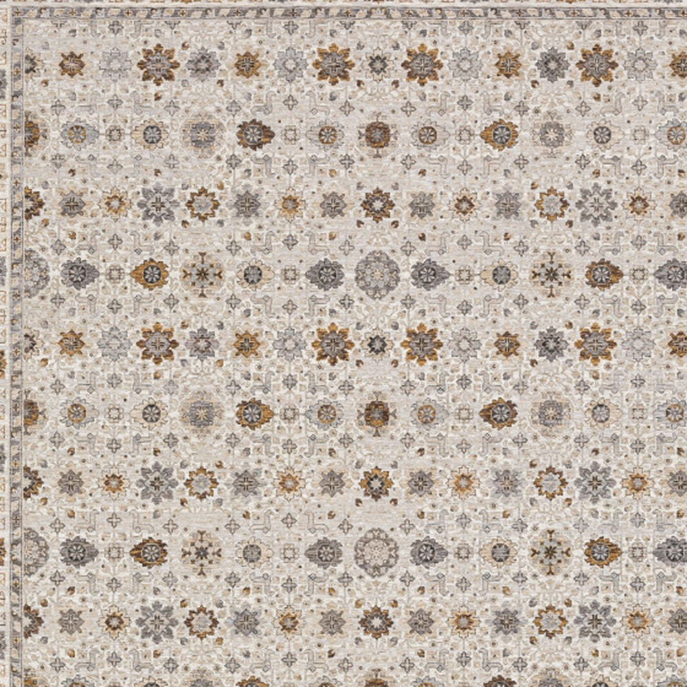 8" X 11" Ivory And Gold Oriental Power Loom Stain Resistant Area Rug With Fringe