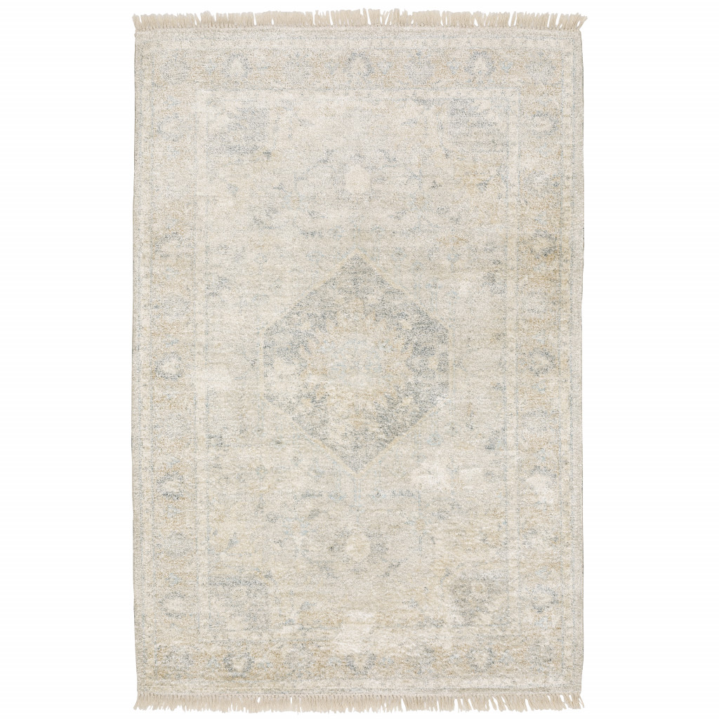 5' X 8' Beige And Grey Oriental Hand Loomed Stain Resistant Area Rug With Fringe-509455-1