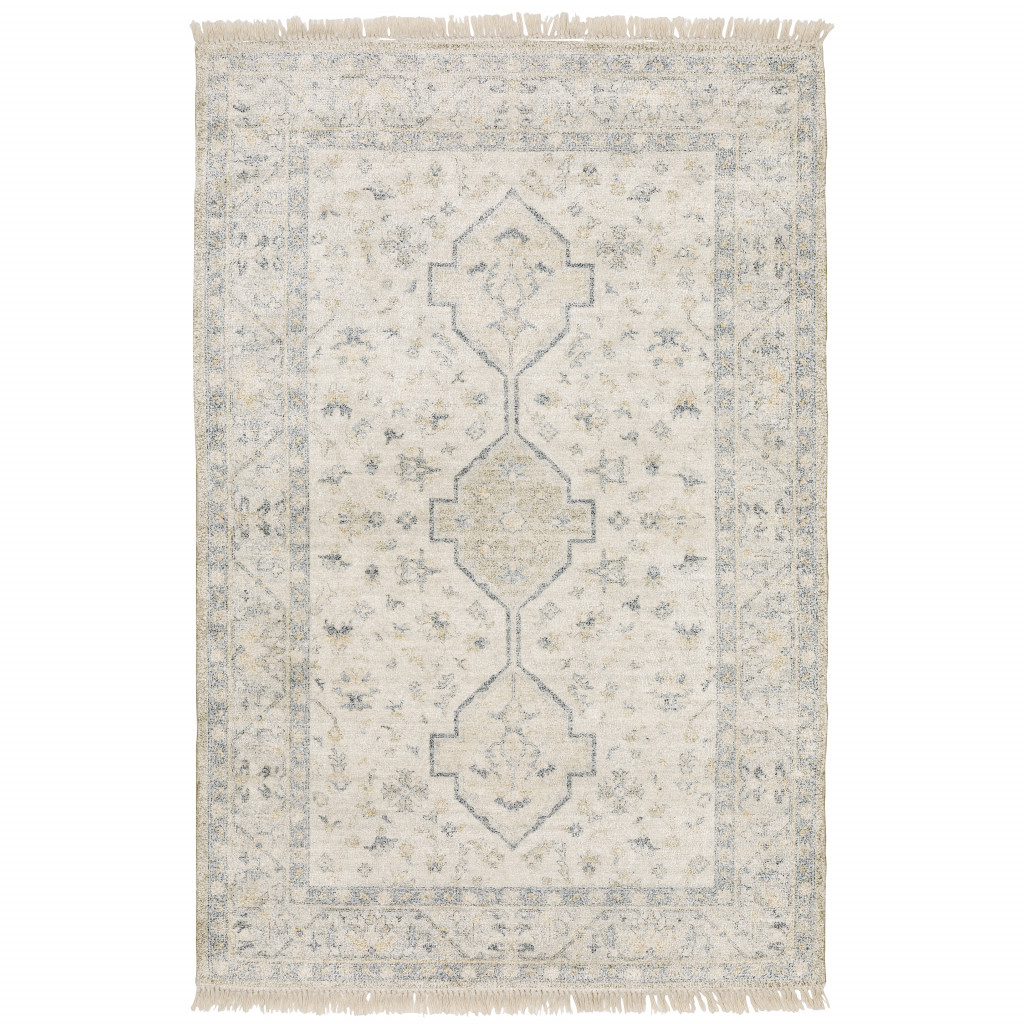 5" X 8" Beige And Charcoal Oriental Hand Loomed Stain Resistant Area Rug With Fringe