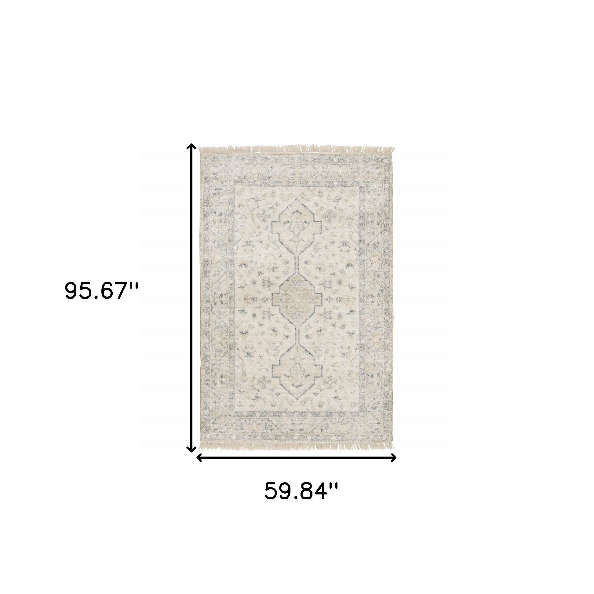 5" X 8" Beige And Charcoal Oriental Hand Loomed Stain Resistant Area Rug With Fringe