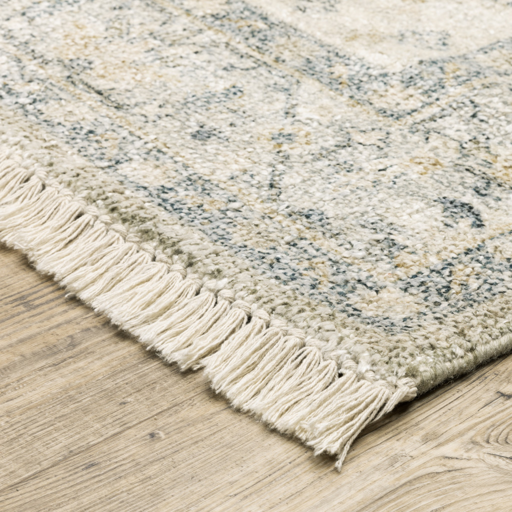 5" X 8" Beige And Charcoal Oriental Hand Loomed Stain Resistant Area Rug With Fringe