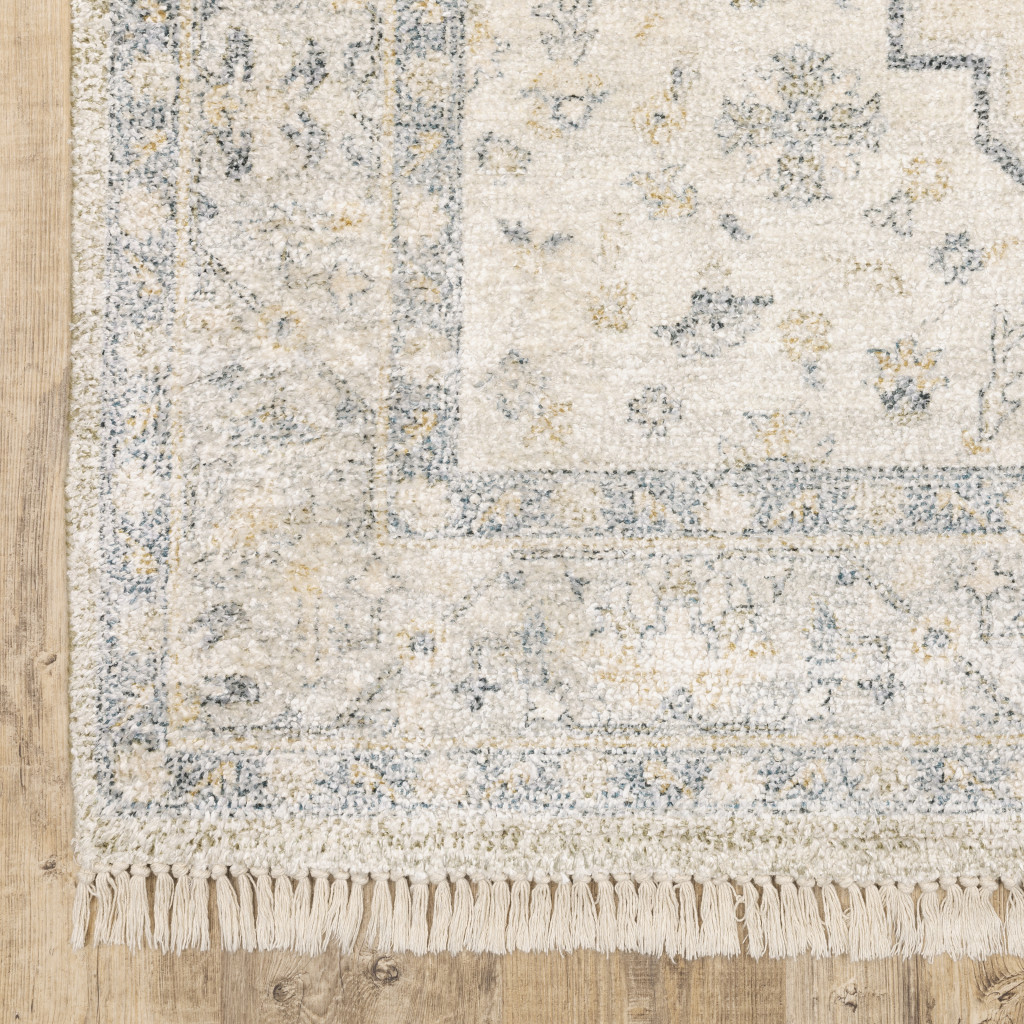 5" X 8" Beige And Charcoal Oriental Hand Loomed Stain Resistant Area Rug With Fringe