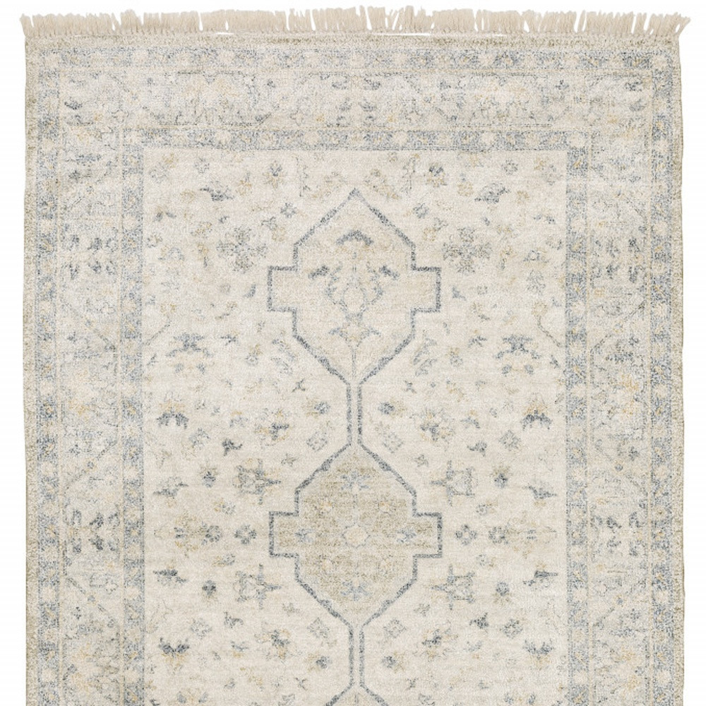 8" X 10" Beige And Charcoal Oriental Hand Loomed Stain Resistant Area Rug With Fringe