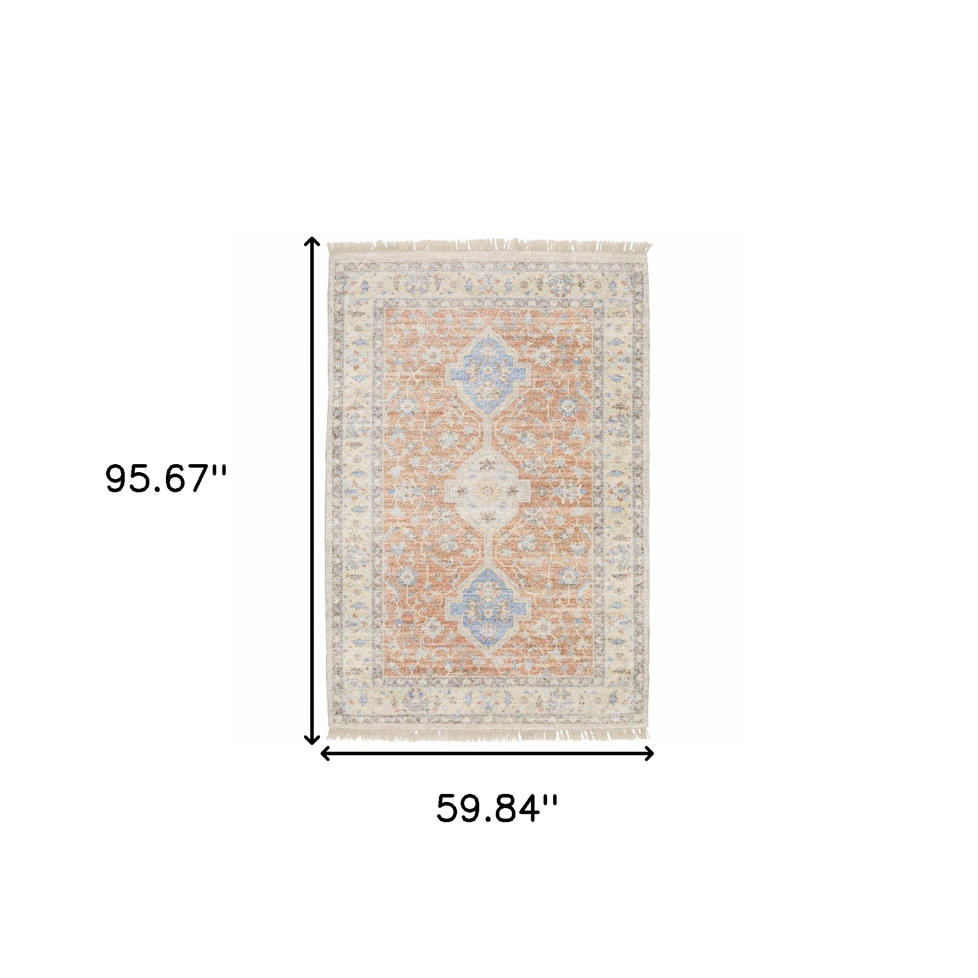 5" X 8" Orange And Blue Oriental Hand Loomed Stain Resistant Area Rug With Fringe
