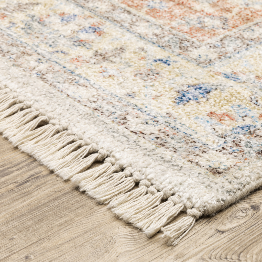 5" X 8" Orange And Blue Oriental Hand Loomed Stain Resistant Area Rug With Fringe
