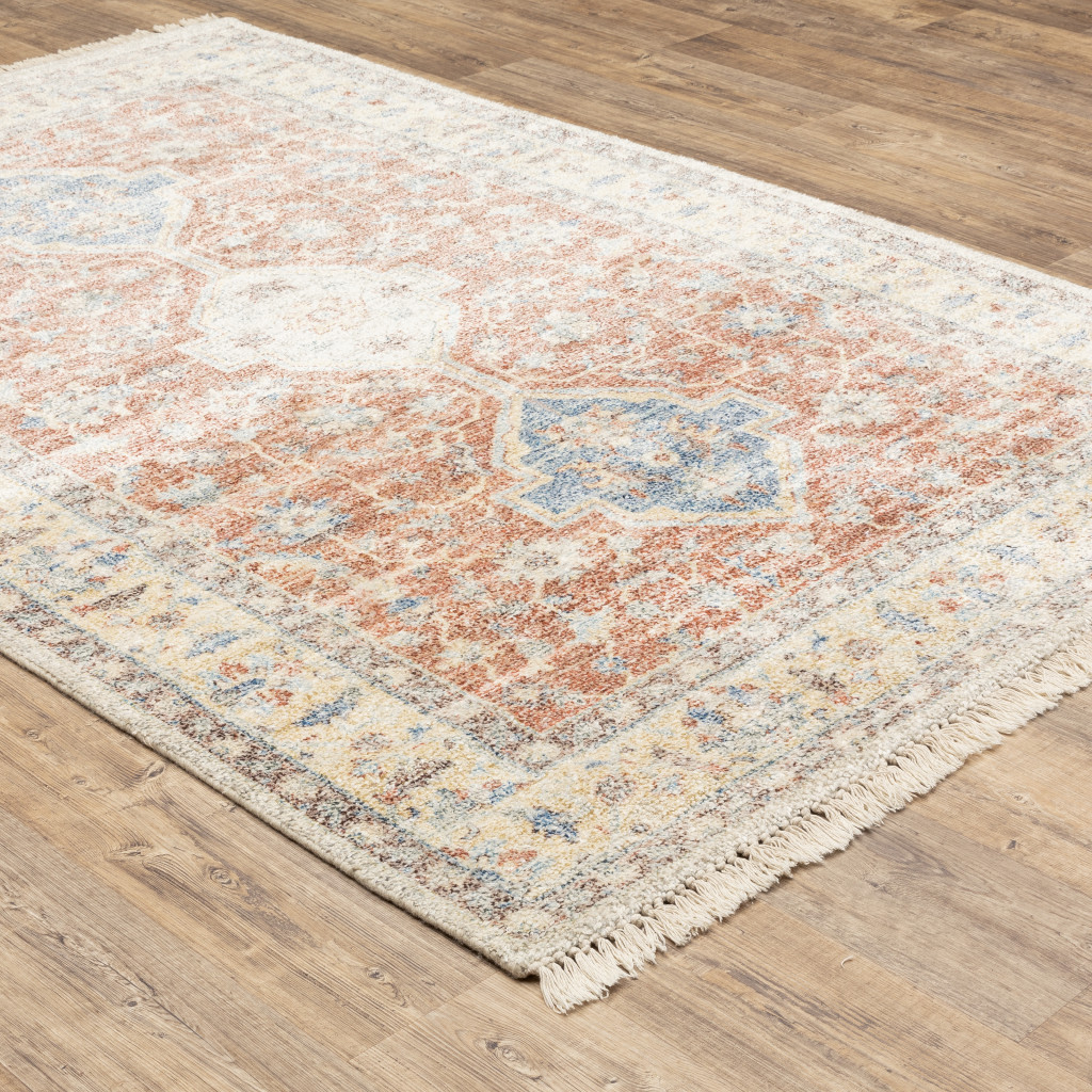 5" X 8" Orange And Blue Oriental Hand Loomed Stain Resistant Area Rug With Fringe