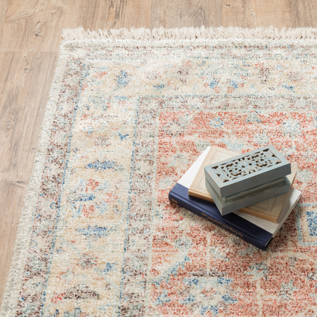 5" X 8" Orange And Blue Oriental Hand Loomed Stain Resistant Area Rug With Fringe