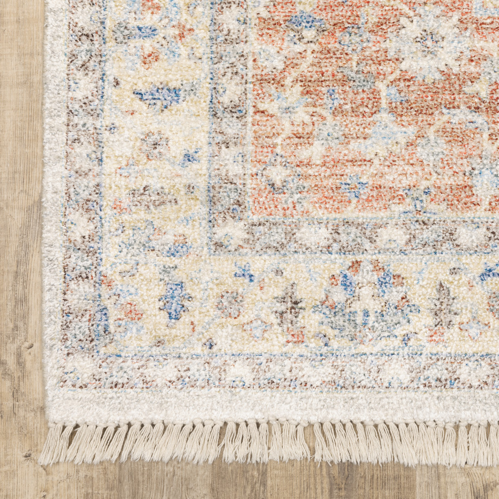 5" X 8" Orange And Blue Oriental Hand Loomed Stain Resistant Area Rug With Fringe