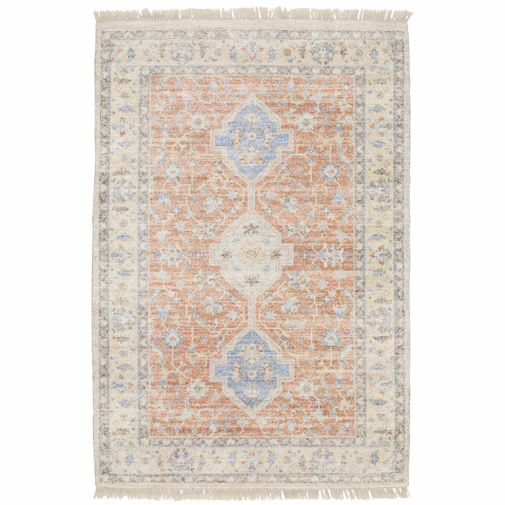 8" X 10" Blue and Orange Oriental Hand Loomed Area Rug With Fringe