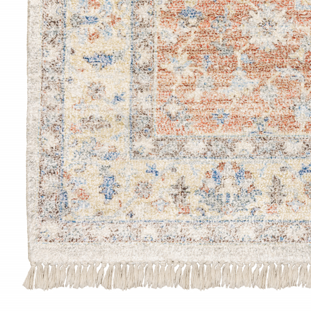 8" X 10" Blue and Orange Oriental Hand Loomed Area Rug With Fringe