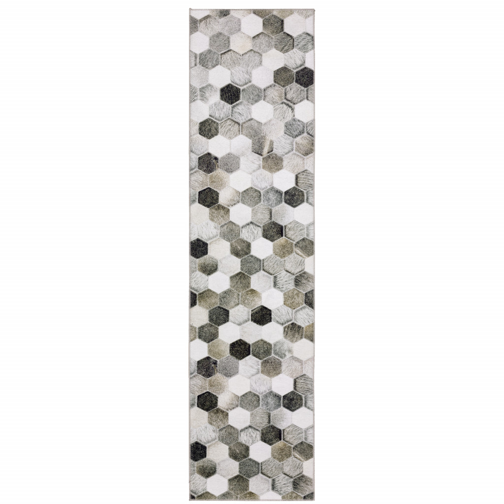 8" Gray and Ivory Geometric Power Loom Runner Rug