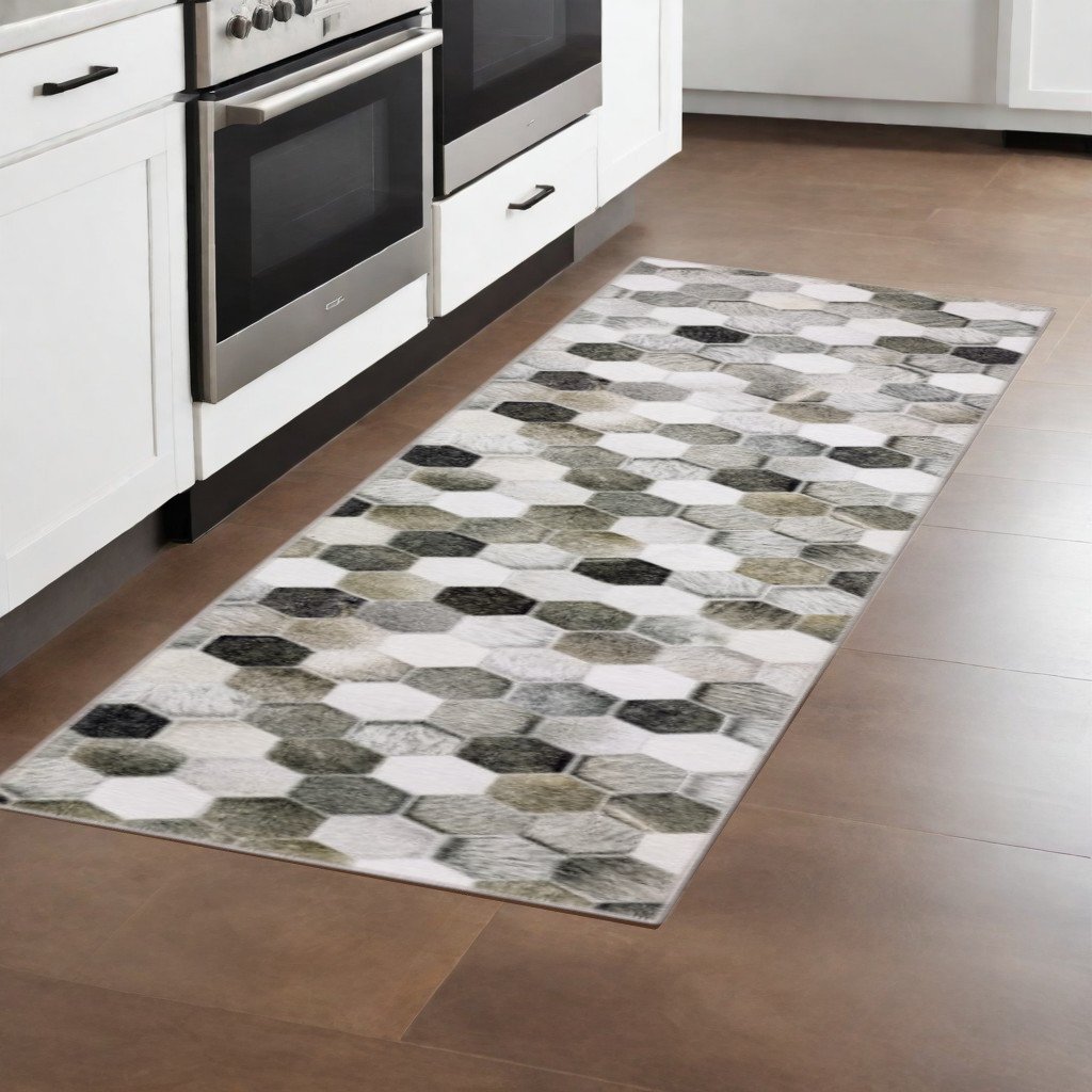 8" Gray and Ivory Geometric Power Loom Runner Rug