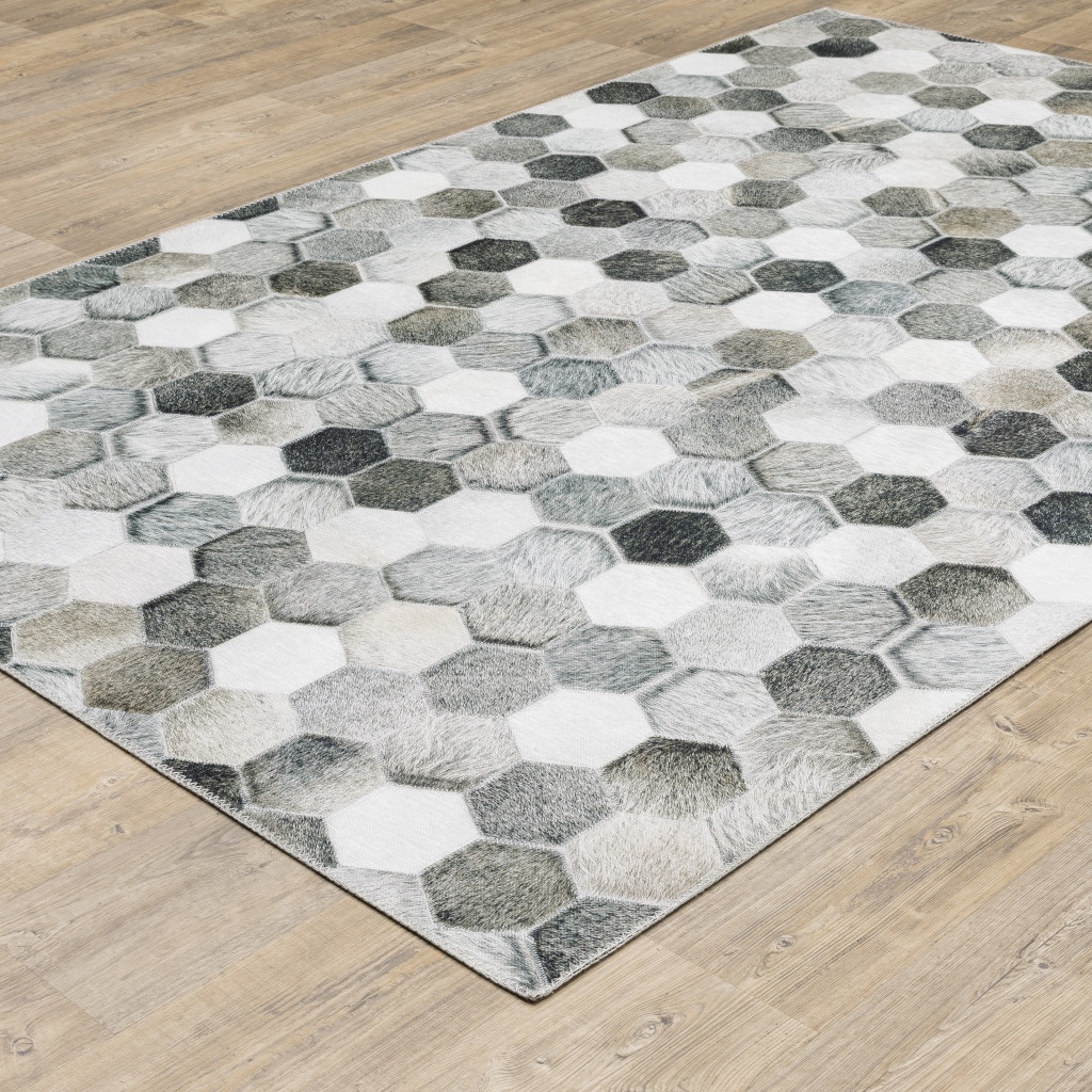 9" X 12" Grey Charcoal Brown Tan And Ivory Geometric Power Loom Stain Resistant Area Rug