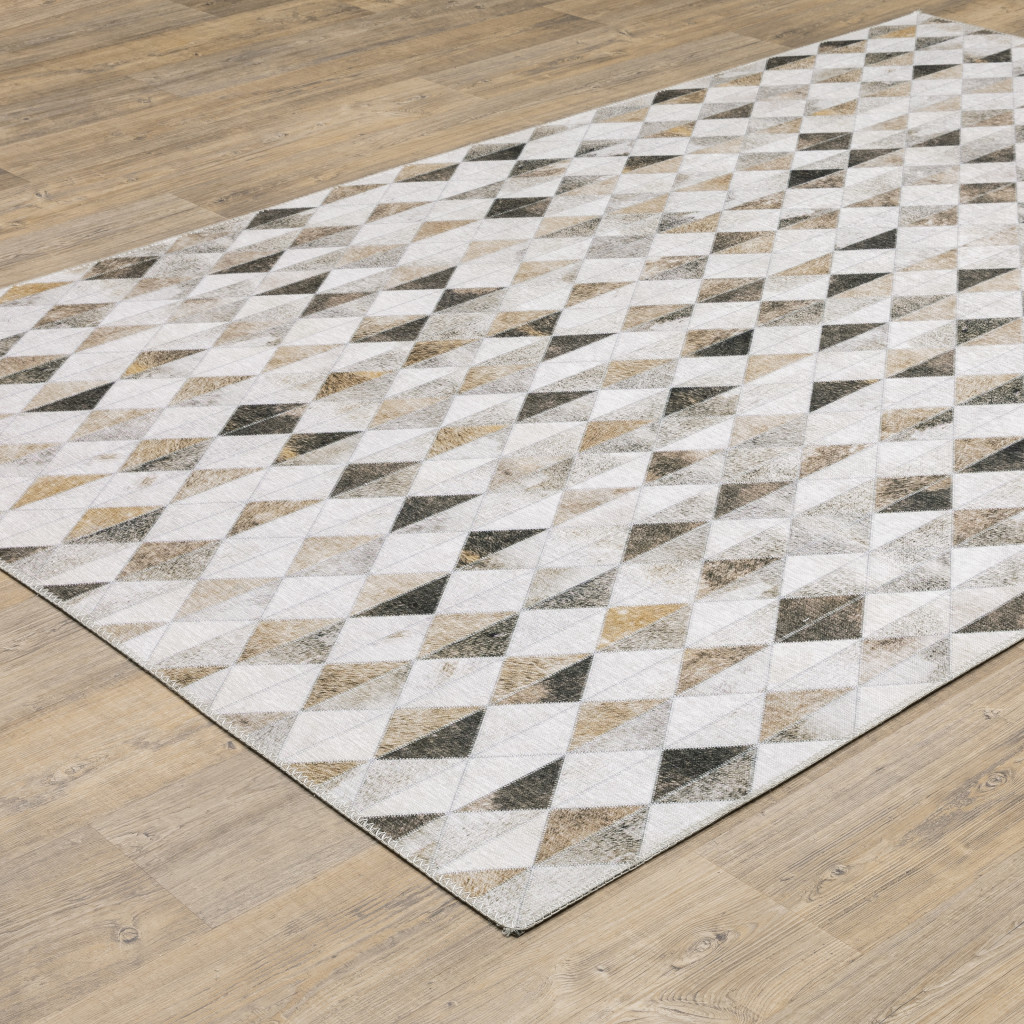 5" X 7" Beige Brown Grey And Ivory Geometric Power Loom Stain Resistant Area Rug