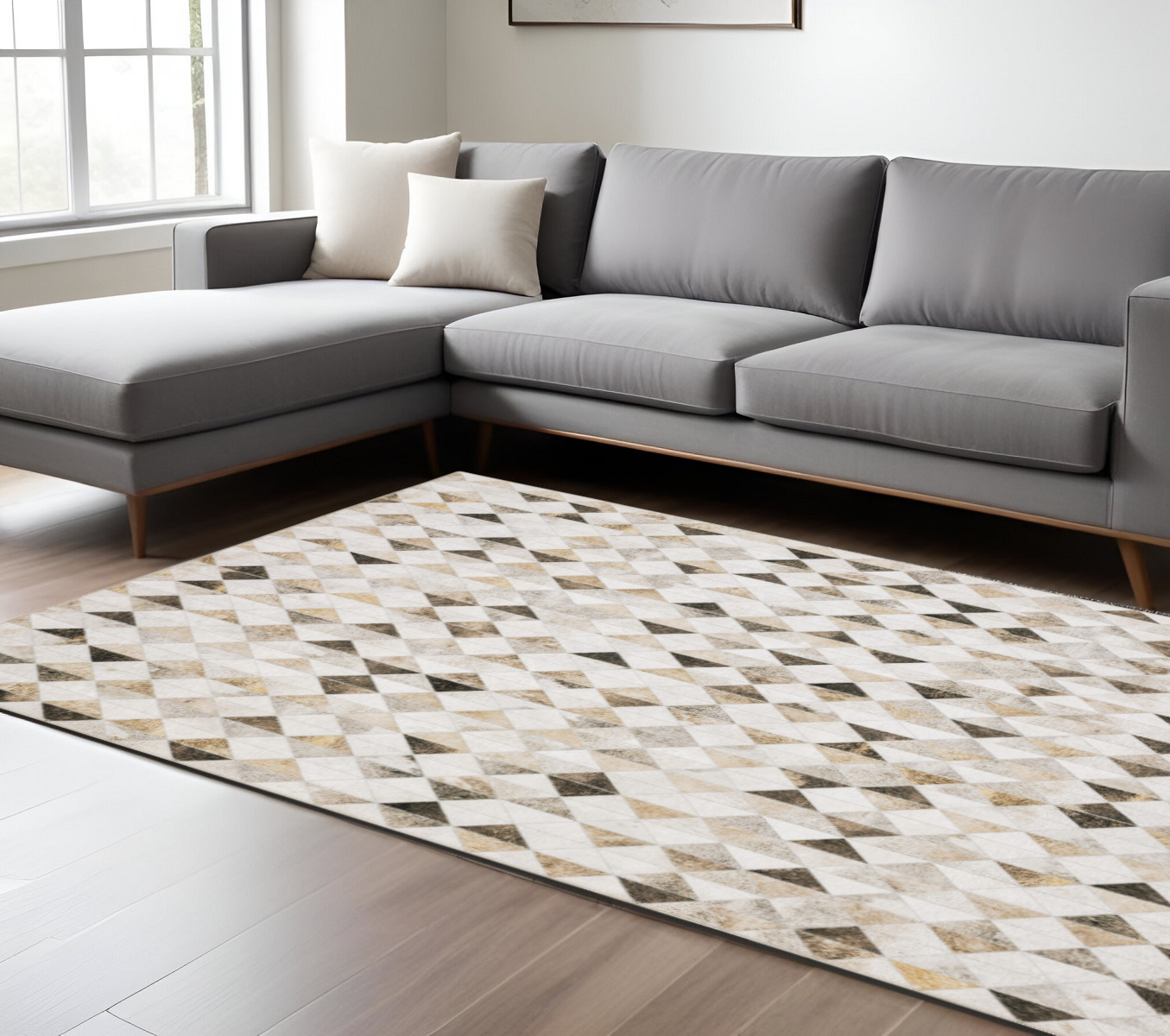 8" X 10" Beige and Ivory Geometric Power Loom Area Rug
