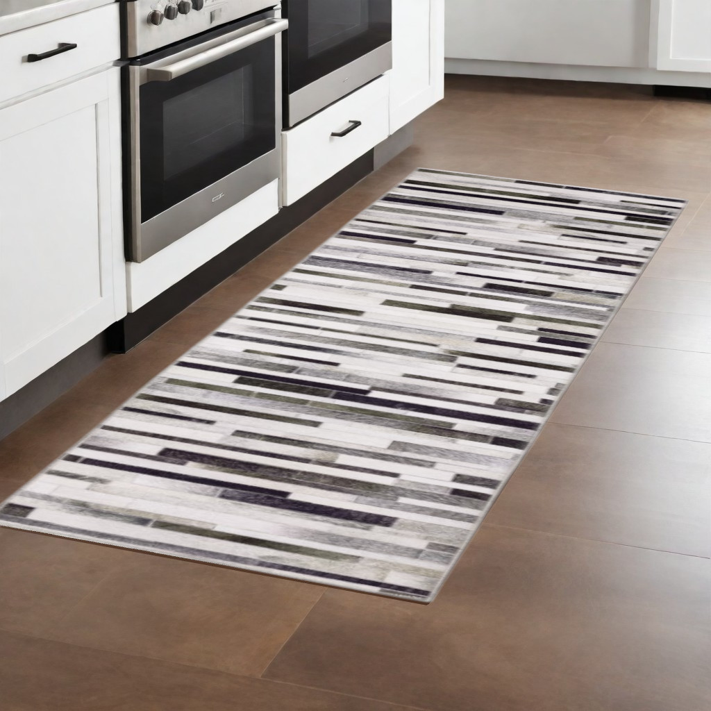 8" Gray Brown and Ivory Geometric Power Loom Runner Rug