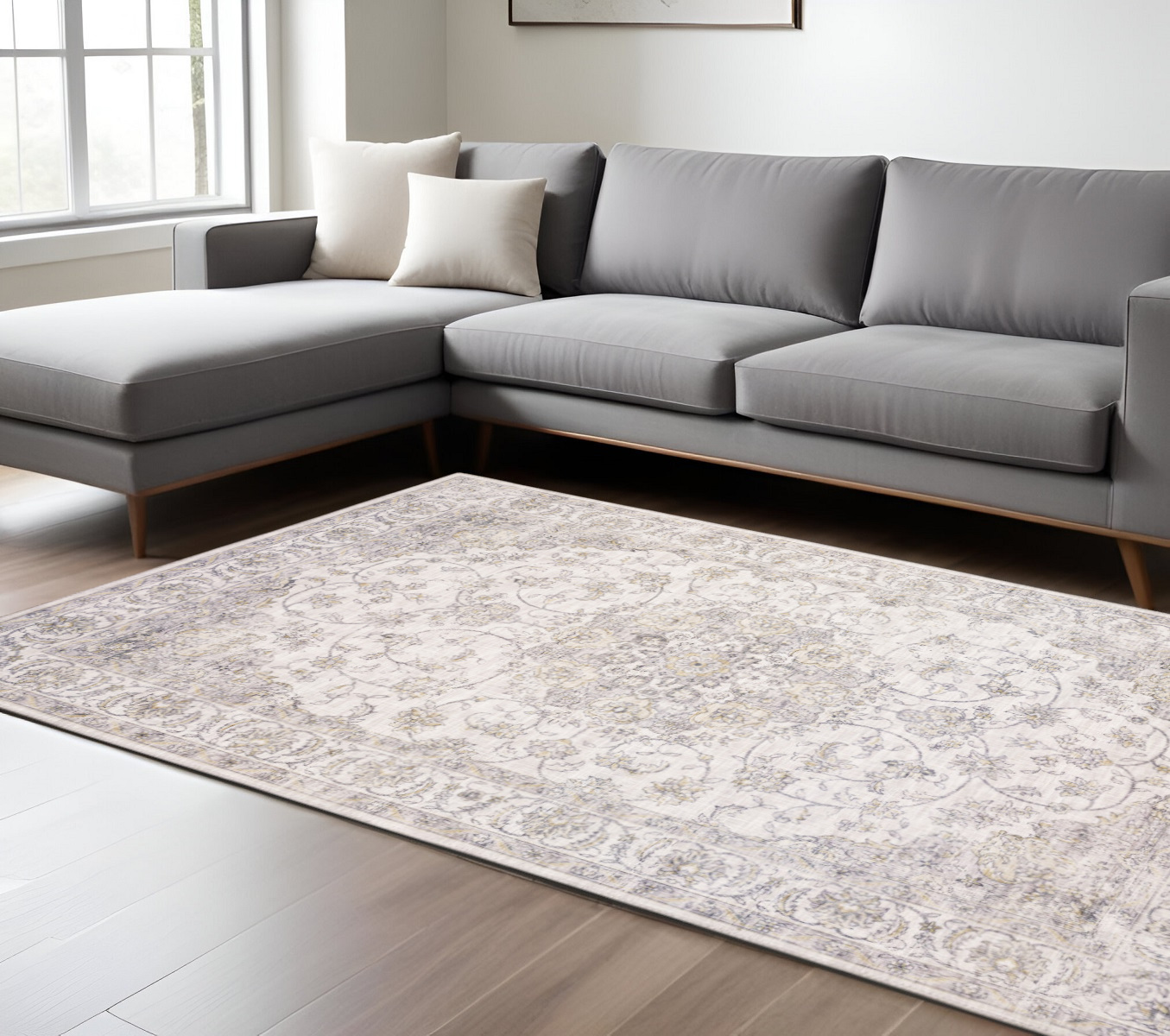 8" X 10" Beige and Ivory Oriental Power Loom Area Rug