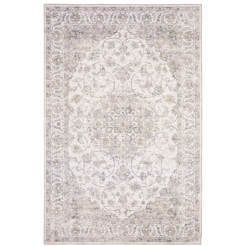 9" X 12" Beige Gold And Grey Oriental Power Loom Stain Resistant Area Rug