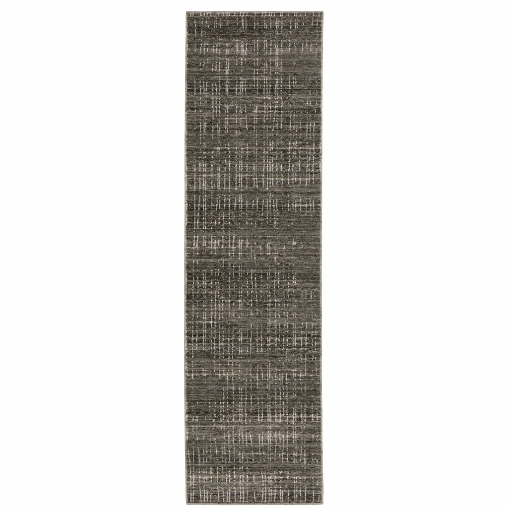 2" X 8" Charcoal Grey Grey Ivory Tan And Brown Abstract Power Loom Stain Resistant Runner Rug