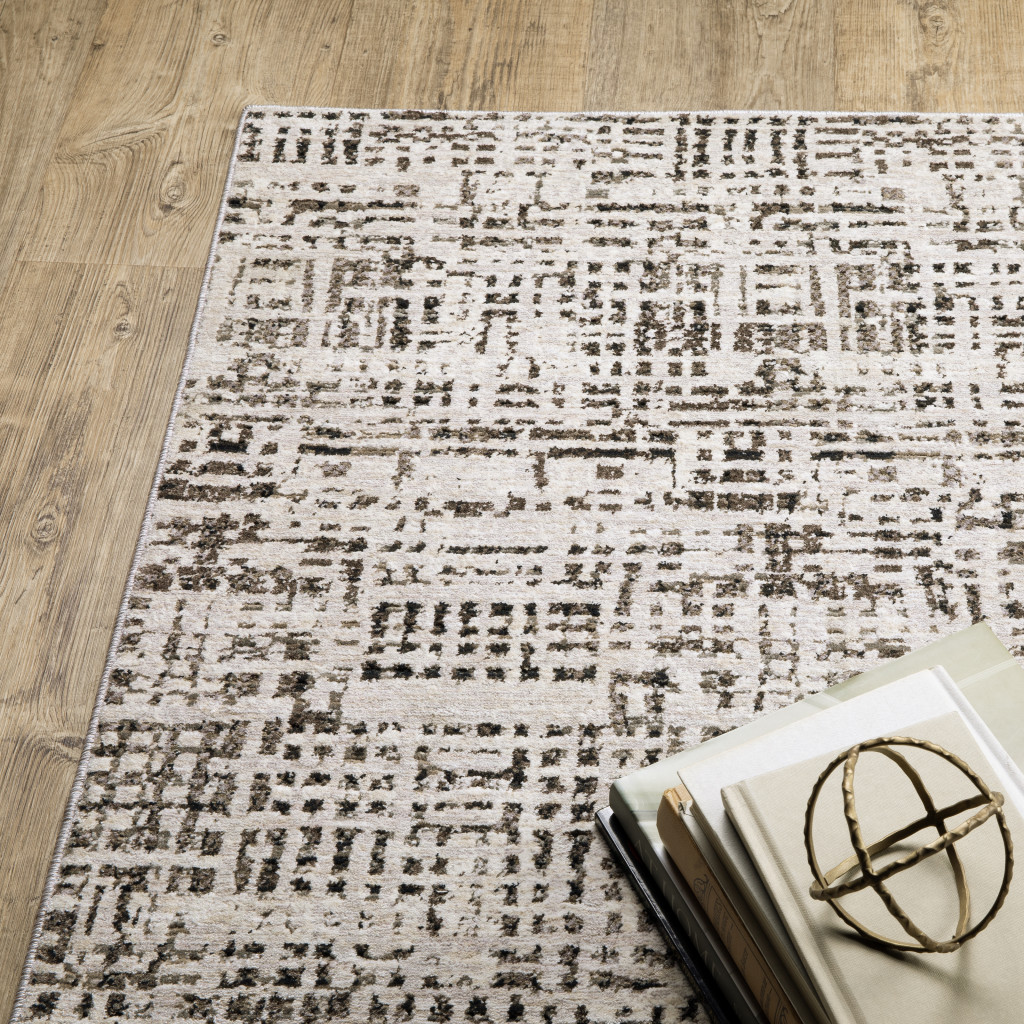 5" X 8" Ivory Grey Charcoal Brown And Beige Abstract Power Loom Stain Resistant Area Rug
