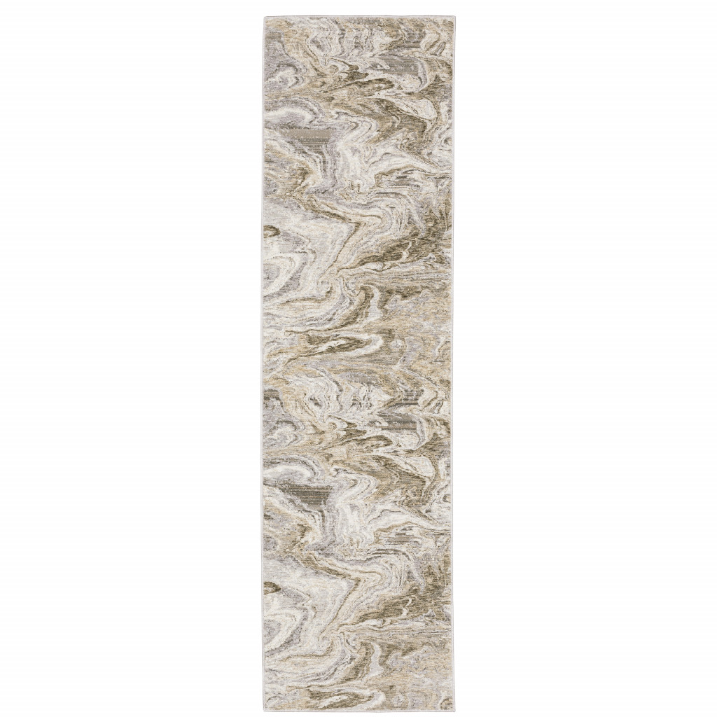 2" X 8" Ivory Tan Beige Grey And Brown Abstract Power Loom Stain Resistant Runner Rug