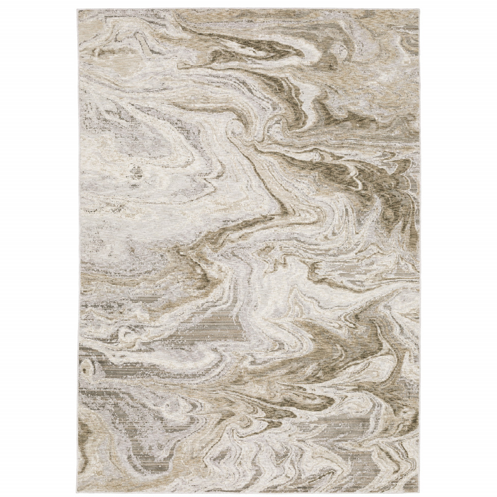 10" X 13" Ivory Tan Beige Grey And Brown Abstract Power Loom Stain Resistant Area Rug