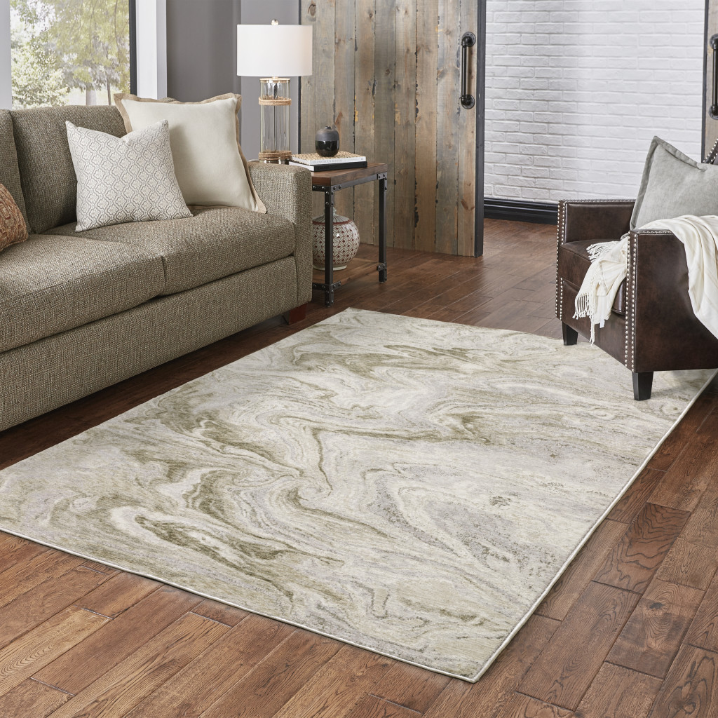 10" X 13" Ivory Tan Beige Grey And Brown Abstract Power Loom Stain Resistant Area Rug