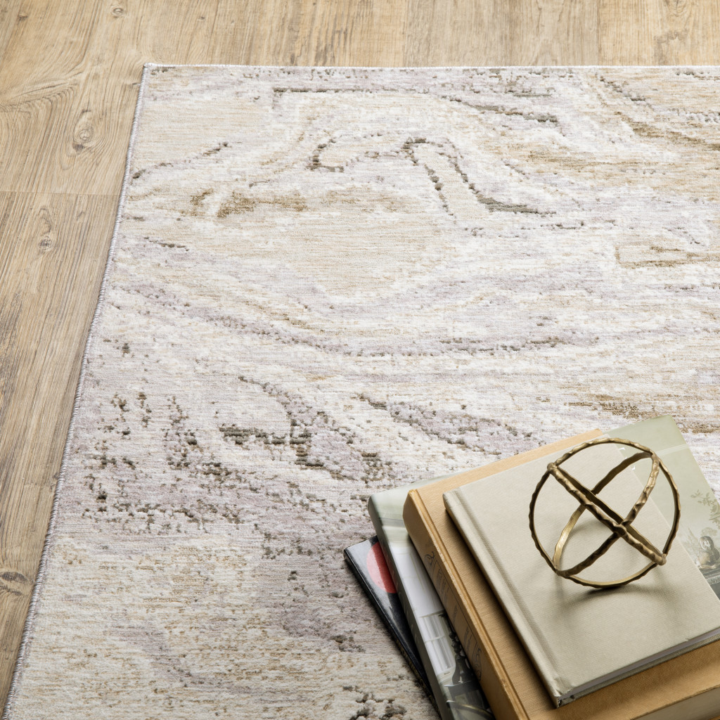10" X 13" Ivory Tan Beige Grey And Brown Abstract Power Loom Stain Resistant Area Rug
