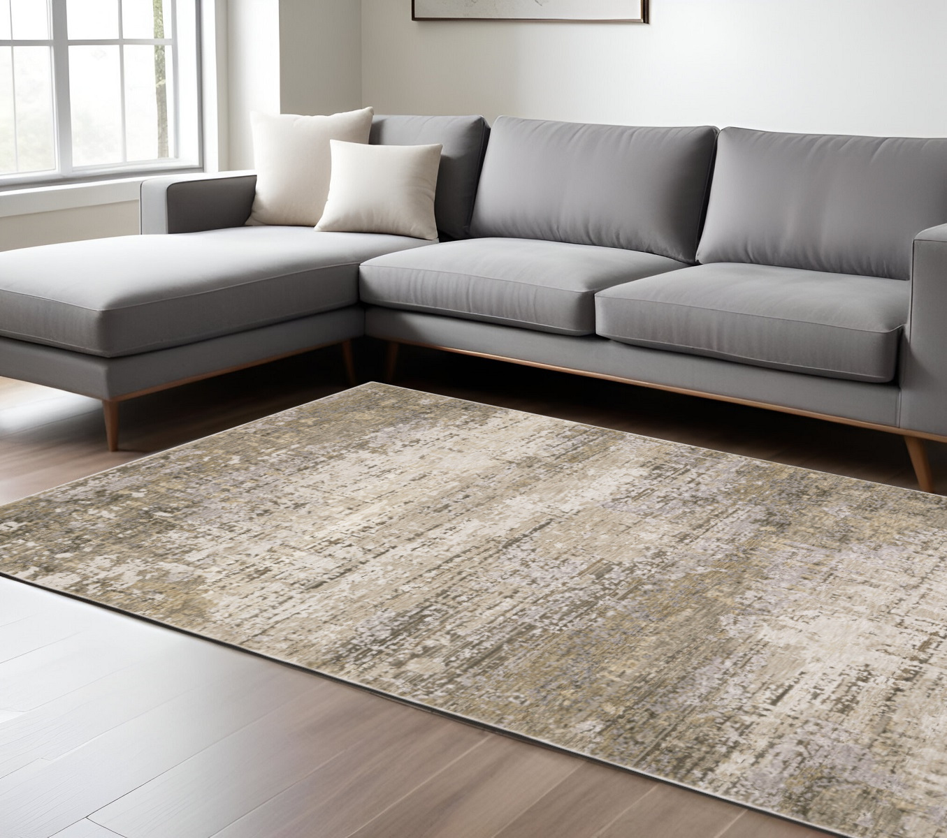 7" X 10" Beige and Ivory Abstract Power Loom Area Rug