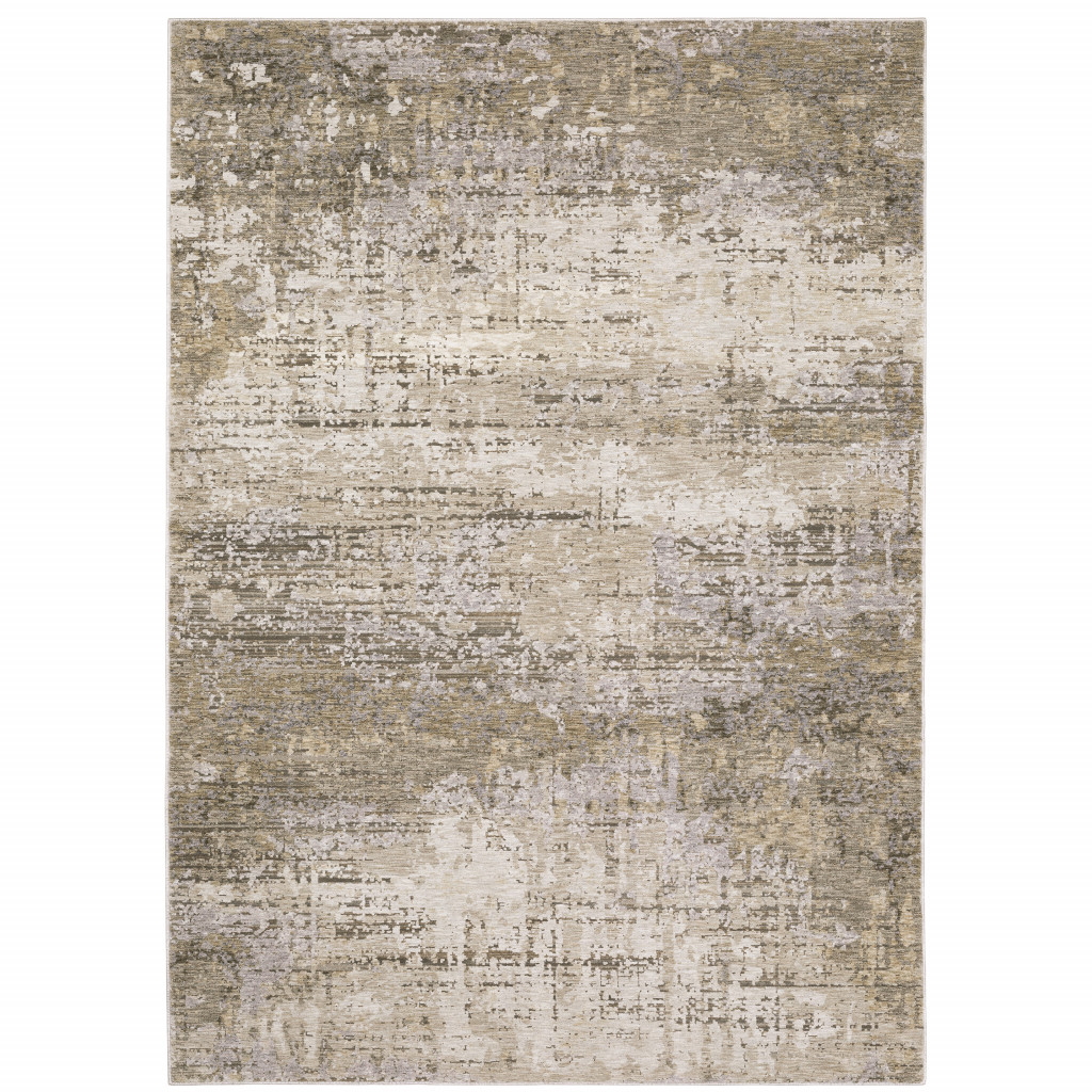 10" X 13" Beige Grey Ivory Tan And Brown Abstract Power Loom Stain Resistant Area Rug