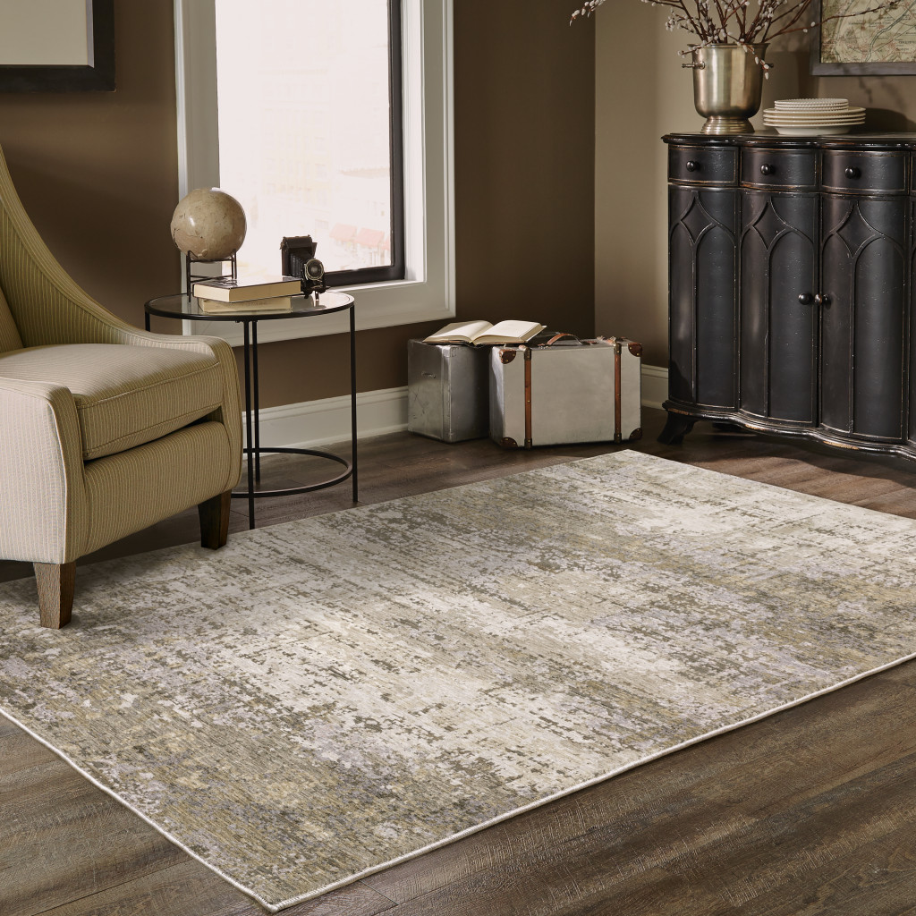 10" X 13" Beige Grey Ivory Tan And Brown Abstract Power Loom Stain Resistant Area Rug