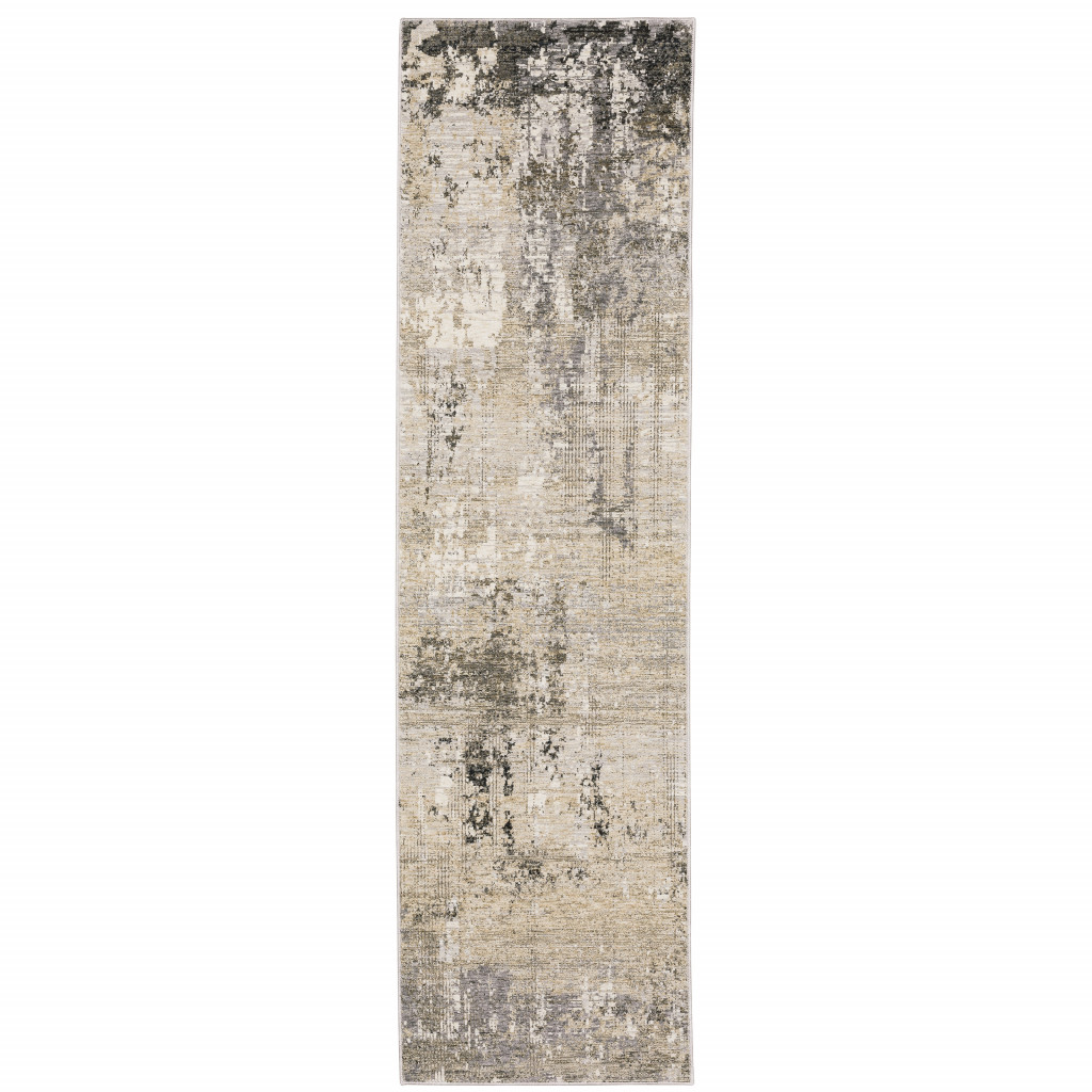 2" X 8" Beige Grey Ivory Tan And Brown Abstract Power Loom Stain Resistant Runner Rug