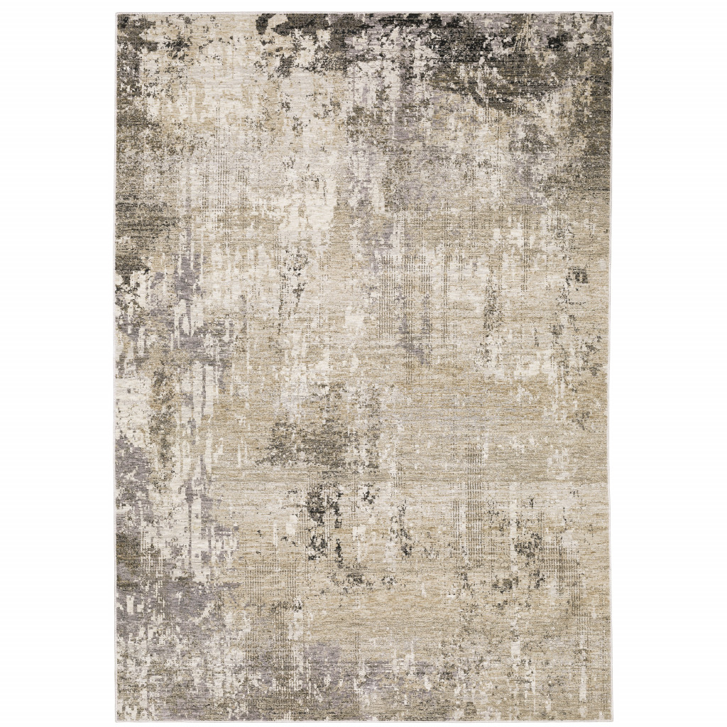 6" X 9" Beige Grey Ivory Tan And Brown Abstract Power Loom Stain Resistant Area Rug