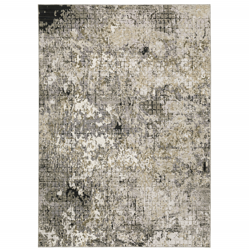 10" X 13" Grey Ivory Beige Charcoal Black Tan And Brown Abstract Power Loom Stain Resistant Area Rug
