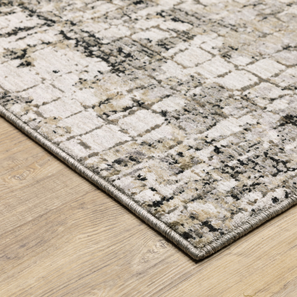 10" X 13" Grey Ivory Beige Charcoal Black Tan And Brown Abstract Power Loom Stain Resistant Area Rug