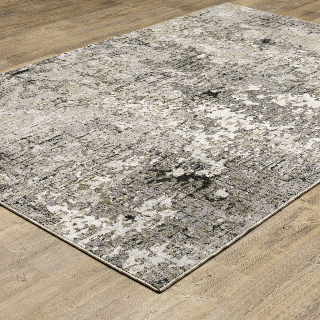 10" X 13" Grey Ivory Beige Charcoal Black Tan And Brown Abstract Power Loom Stain Resistant Area Rug