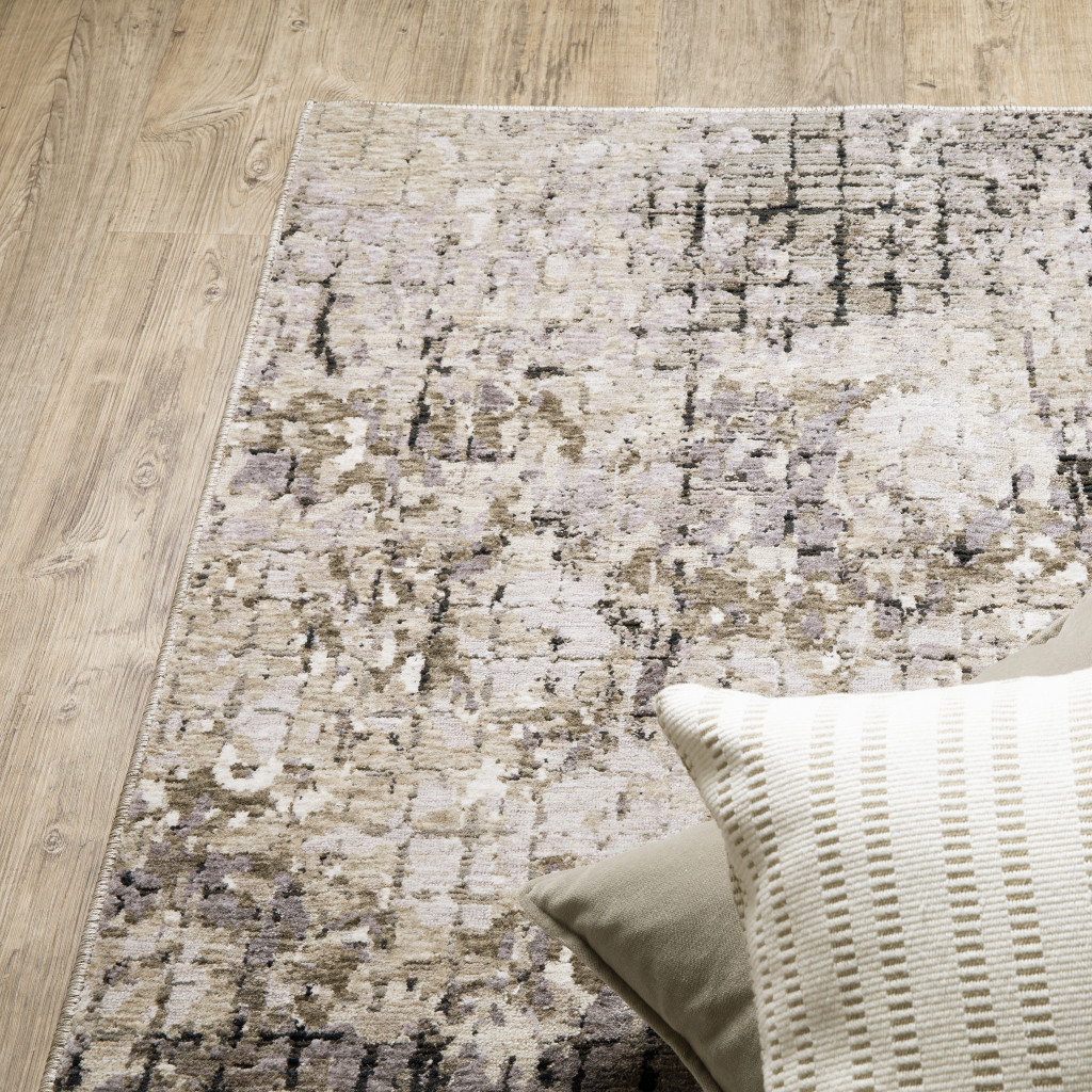 10" X 13" Grey Ivory Beige Charcoal Black Tan And Brown Abstract Power Loom Stain Resistant Area Rug