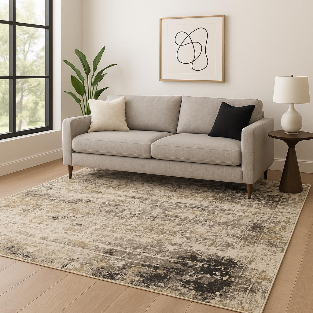 5' X 8' Grey Ivory Beige Charcoal Black Tan And Brown Abstract Power Loom Stain Resistant Area Rug-509585-1
