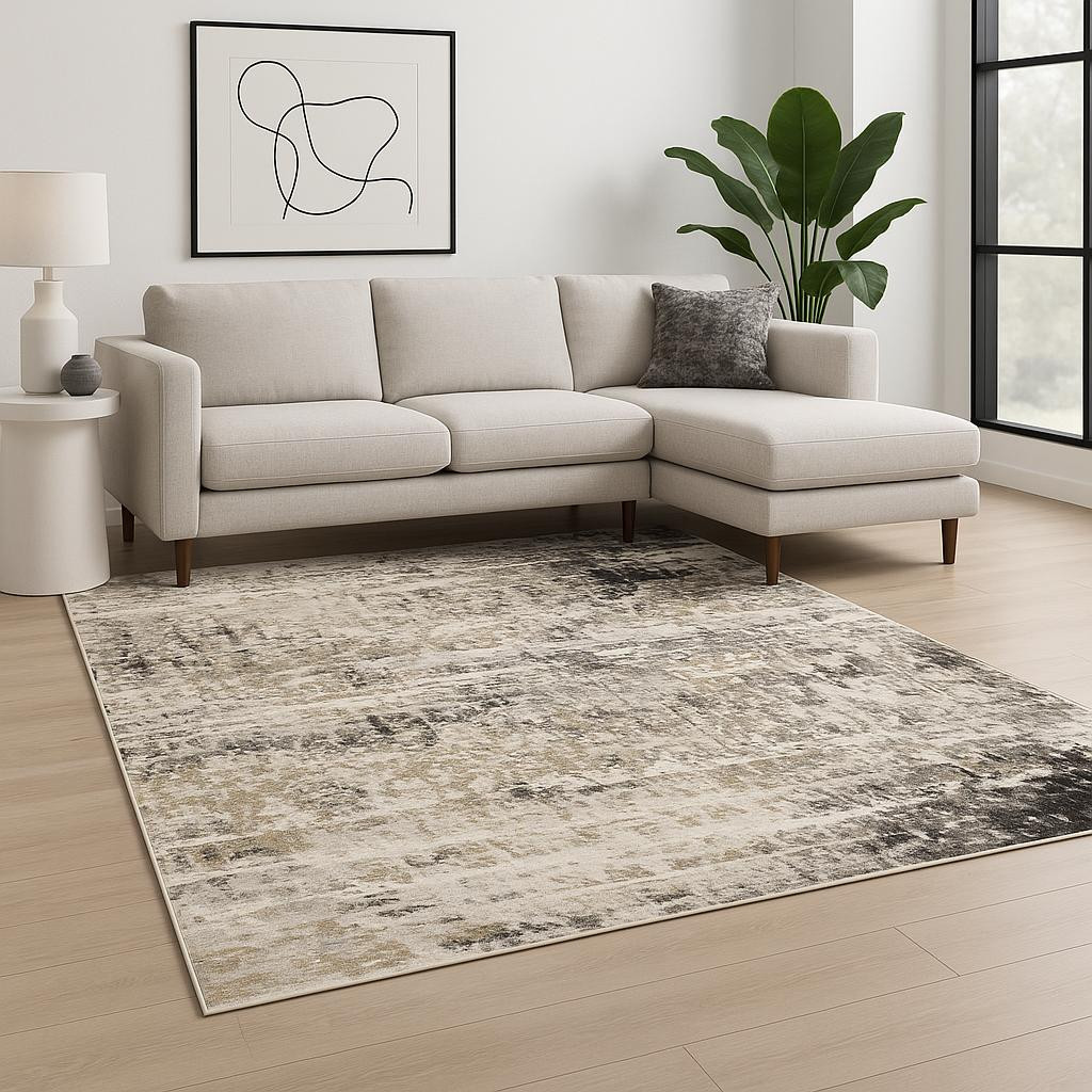 10' X 13' Grey Ivory Beige Charcoal Black Tan And Brown Abstract Power Loom Stain Resistant Area Rug-509588-1