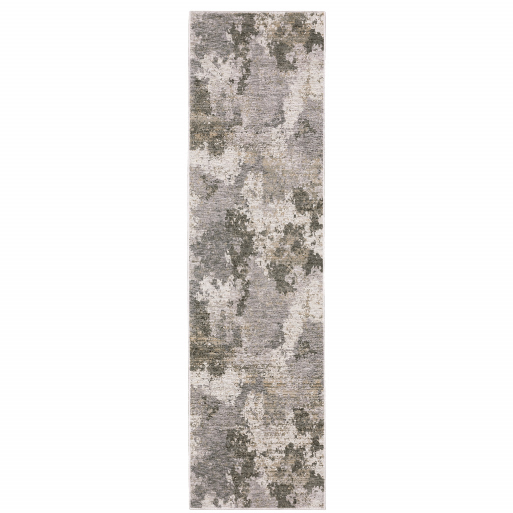 2" X 8" Grey Ivory Beige Tan Brown And Black Abstract Power Loom Stain Resistant Runner Rug