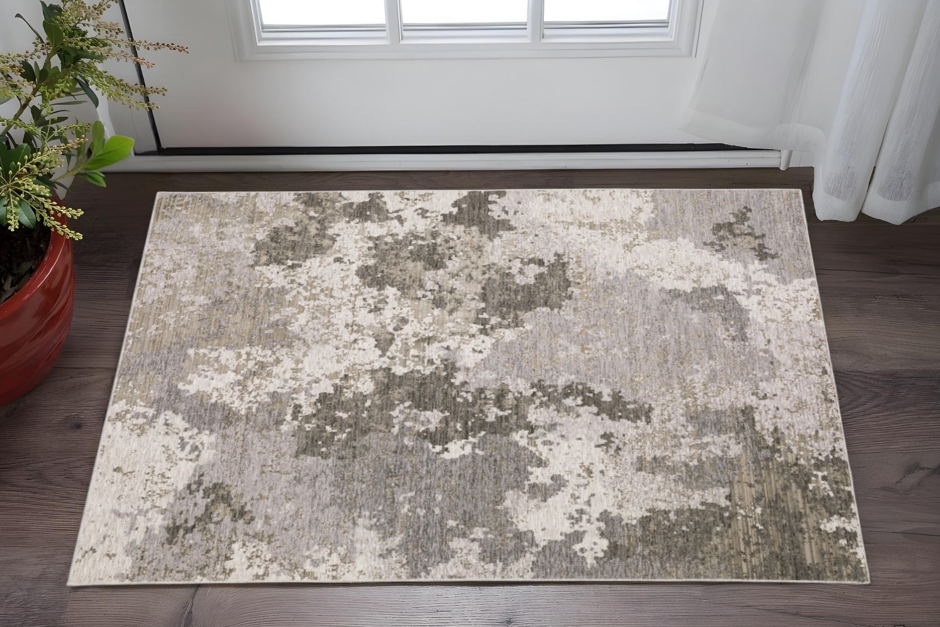 3' X 5' Grey Ivory Beige Tan Brown And Black Abstract Power Loom Stain Resistant Area Rug-509602-1